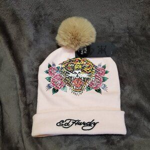 Ed Hardy Pink Tiger Rhinestone Embroidered Beanie Cap